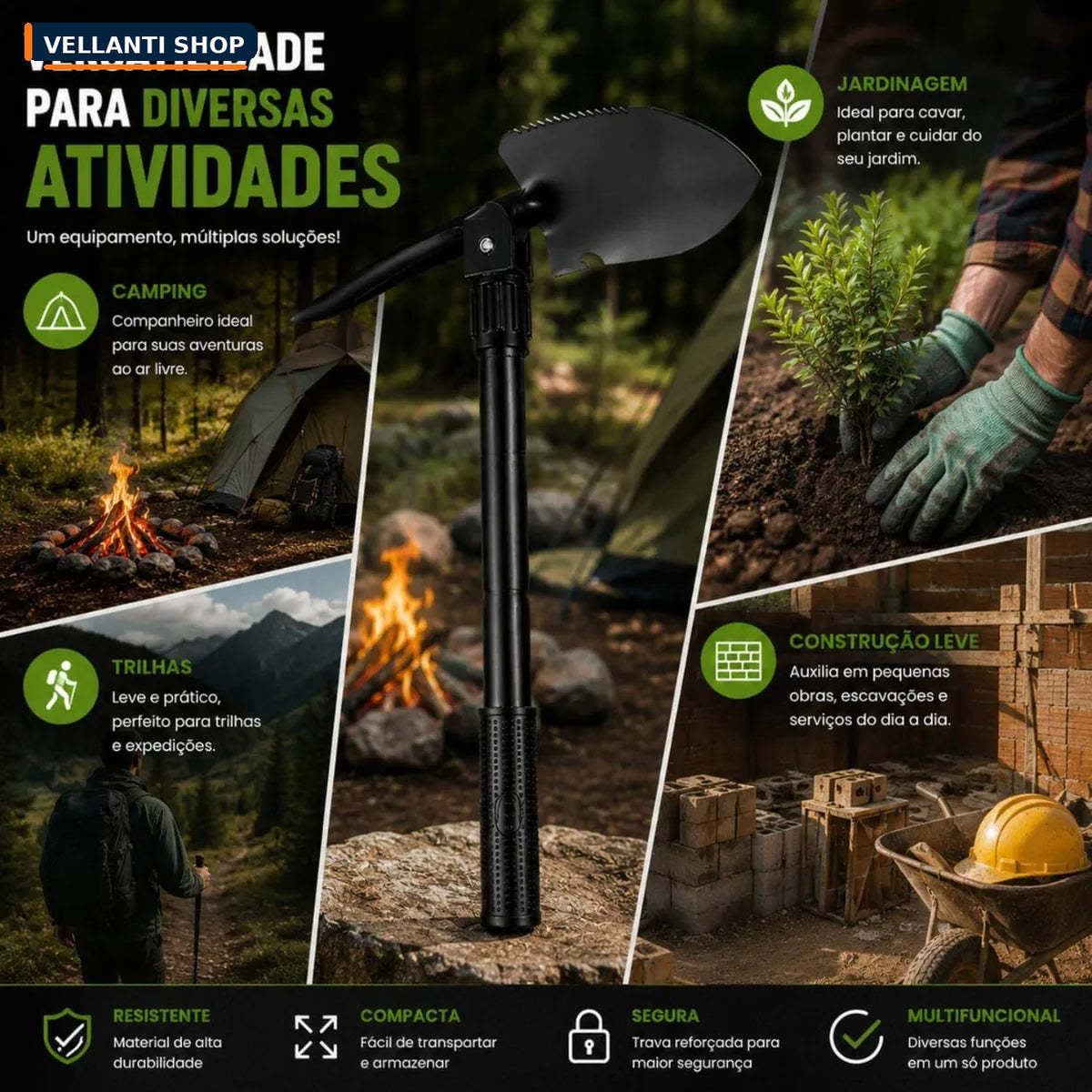Pá Tática Dobrável Multifuncional para Camping e Aventura + Bolsa de Transporte Grátis