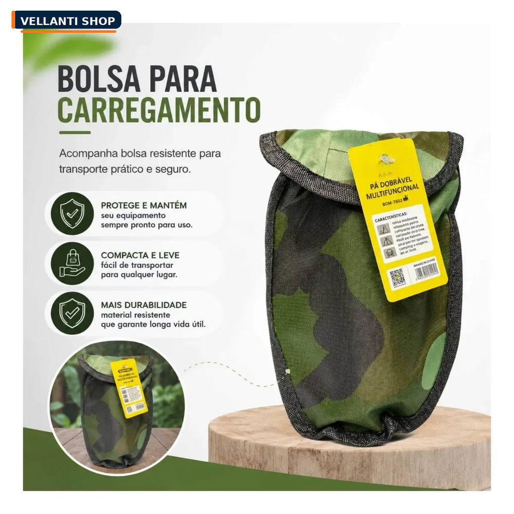 Pá Tática Dobrável Multifuncional para Camping e Aventura + Bolsa de Transporte Grátis